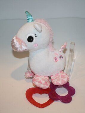 Bright Starts Unicorn 8" White Pink Plush Teether Hanging Link Soft Toy Rattle